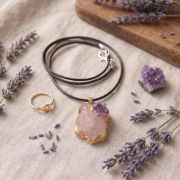 Großer Rosenquarz Rohstein Anhänger mit Amethyst und Goldfassung auf Lederband