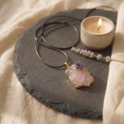 Großer Rosenquarz und Amethyst Anhänger auf schwarzem Stein mit Kerze und Lavendel